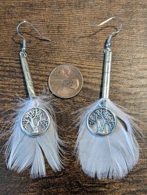 Native Silver Tree of Life Feather Drop Earrings - White